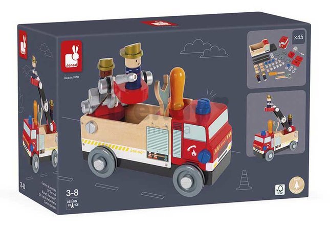 Drevené auto a stavebnica Hasiči DIY Fire Truck BricoKids Janod 45 dielov J06469