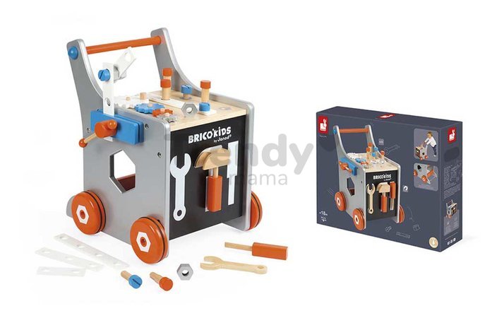 Drevené chodítko a vozík s náradím Magnetic DIY Trolley BricoKids Janod 25 dielov od 18 mes J06478