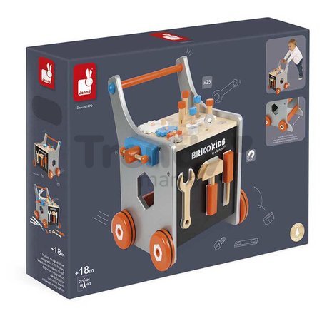 Drevené chodítko a vozík s náradím Magnetic DIY Trolley BricoKids Janod 25 dielov od 18 mes J06478