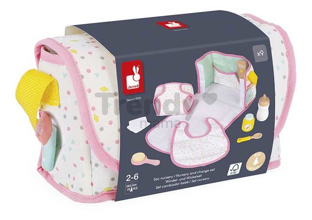 Prebaľovacia taška pre bábiku Nursery and Change Set Janod pre 36-42 cm bábiku 8 doplnkov od 24 mes J06501