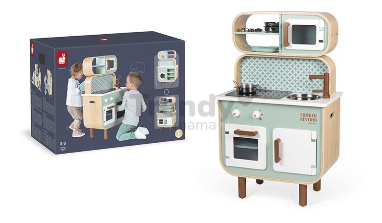 Drevená kuchynka Reverso Big Cooker Janod obojstranná s práčovňou 7 doplnkov J06594
