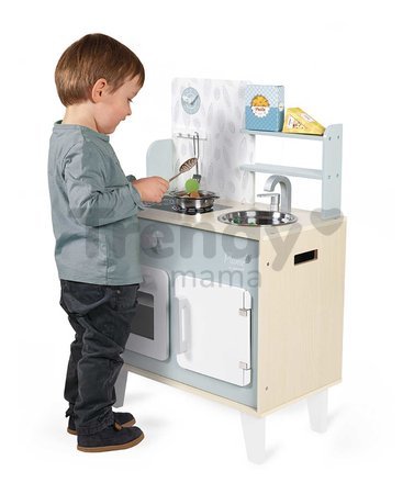 Drevená kuchynka Plume Cooker Janod s otočnými gombíkmi 5 doplnkov J06608