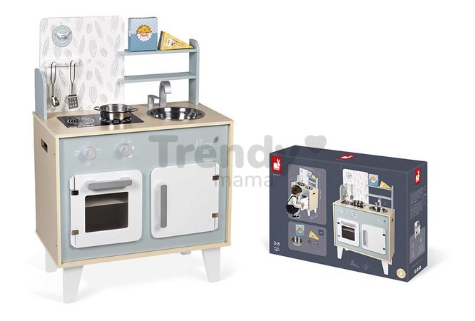 Drevená kuchynka Plume Cooker Janod s otočnými gombíkmi 5 doplnkov J06608
