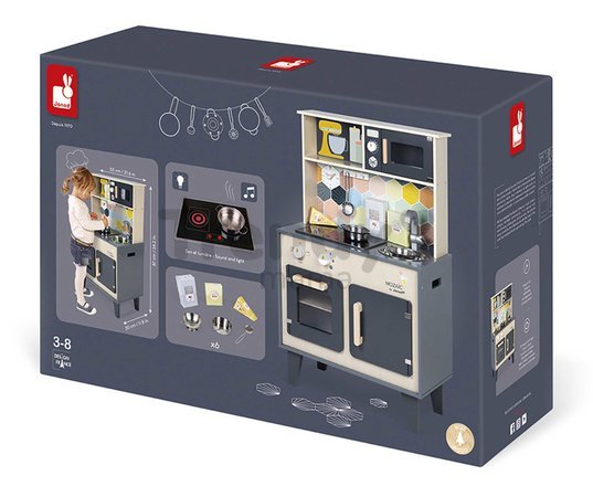 Drevená kuchynka Mozaic Big Cooker Janod s LED doskou a zvukovými efektmi 6 doplnkov J06609