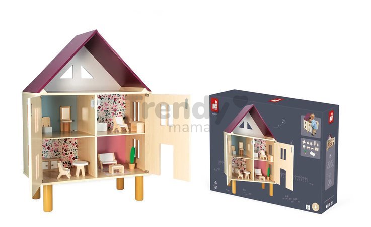 Drevený domček pre bábiky Twist Doll's House Janod 3-poschodový 11 doplnkov