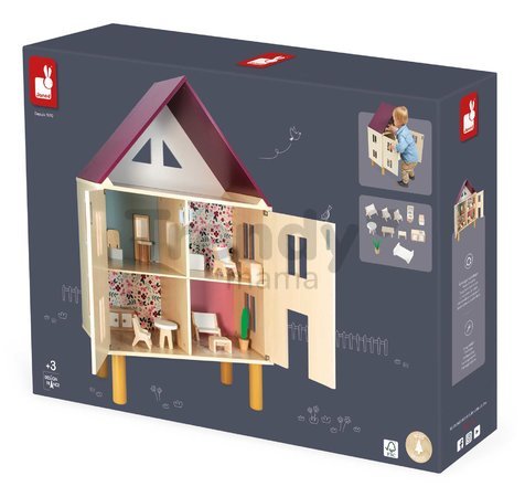 Drevený domček pre bábiky Twist Doll's House Janod 3-poschodový 11 doplnkov