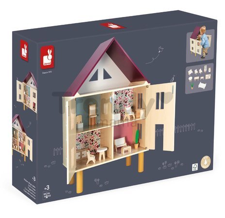 Drevený domček pre bábiky Twist Doll's House Janod 3-poschodový 11 doplnkov