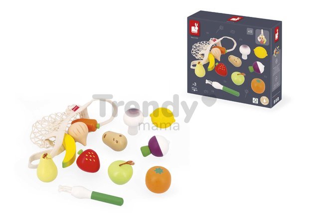 Drevená zelenina a ovocie v sieťke Fruits & Vegetables Net Shiny Grandma Janod 12 dielov J06639