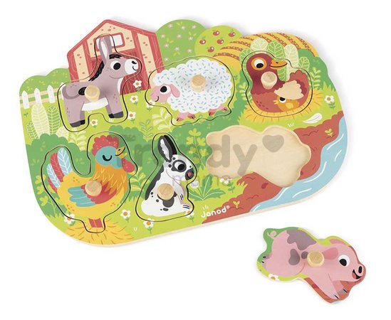 Drevené vkladacie puzzle s úchytom Farma Happy Farm Puzzle Janod 6 dielov od 18 mes J07096