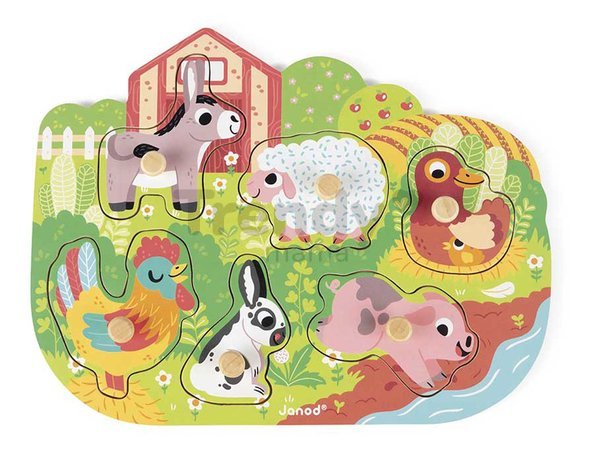 Drevené vkladacie puzzle s úchytom Farma Happy Farm Puzzle Janod 6 dielov od 18 mes J07096