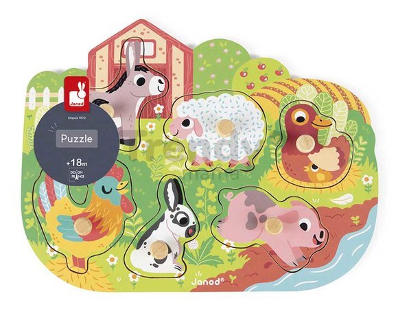 Drevené vkladacie puzzle s úchytom Farma Happy Farm Puzzle Janod 6 dielov od 18 mes J07096