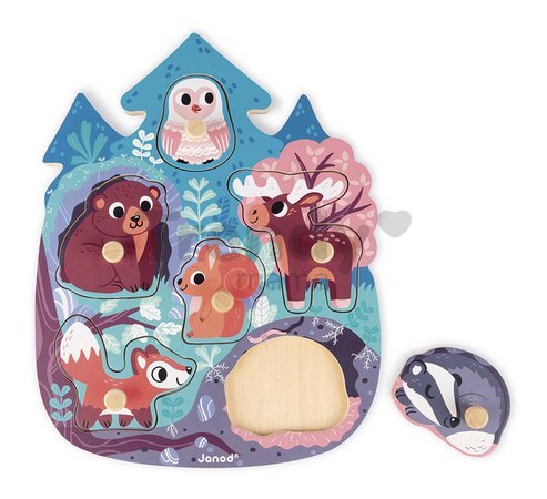 Drevené vkladacie puzzle s úchytom Les Happy Forest Puzzle Janod 6 dielov od 18 mes J07097