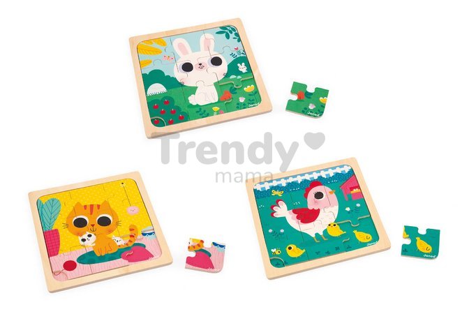 Drevené puzzle pre najmenších Trio Zvieratká Janod s predlohou 27 dielov od 18 mes J07113