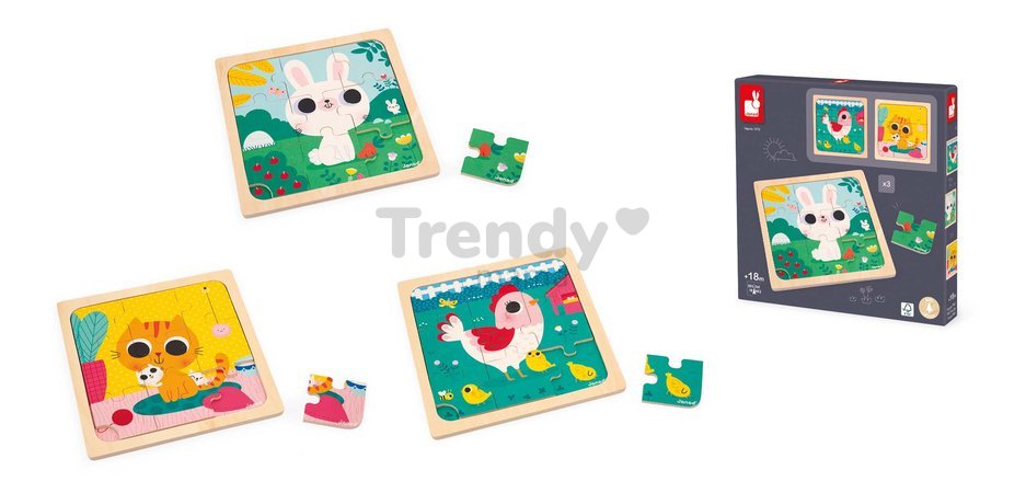 Drevené puzzle pre najmenších Trio Zvieratká Janod s predlohou 27 dielov od 18 mes J07113