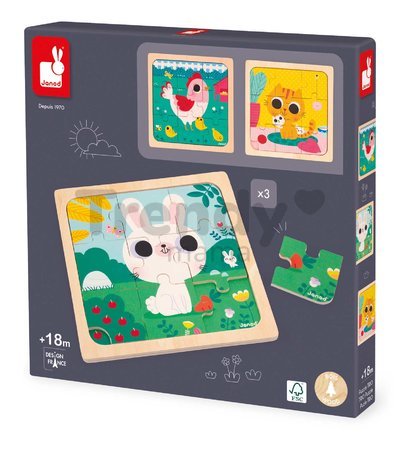 Drevené puzzle pre najmenších Trio Zvieratká Janod s predlohou 27 dielov od 18 mes J07113