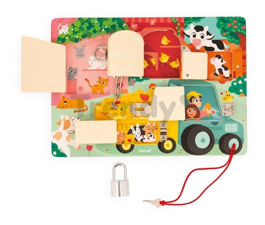 Drevená motorická doska The Farm Padlocks Board Janod 5 dverí so zámkami J07119