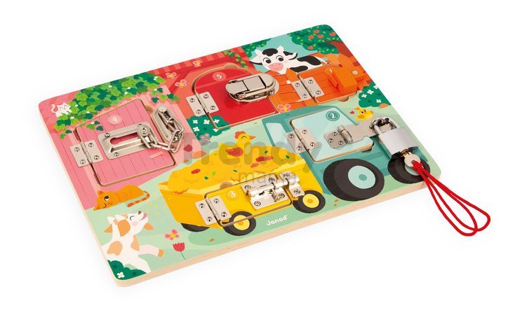 Drevená motorická doska The Farm Padlocks Board Janod 5 dverí so zámkami J07119