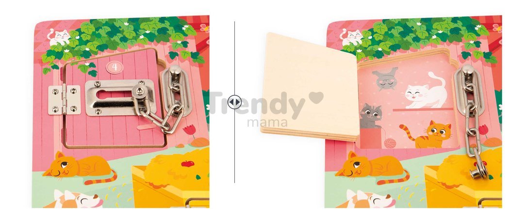 Drevená motorická doska The Farm Padlocks Board Janod 5 dverí so zámkami J07119