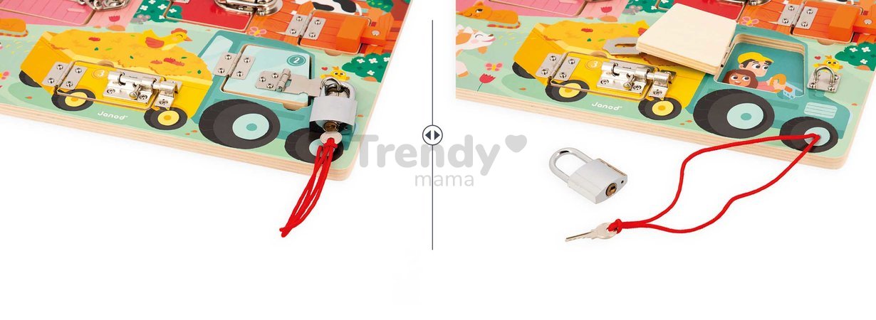 Drevená motorická doska The Farm Padlocks Board Janod 5 dverí so zámkami J07119