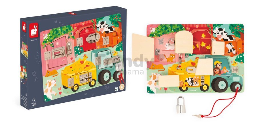 Drevená motorická doska The Farm Padlocks Board Janod 5 dverí so zámkami J07119