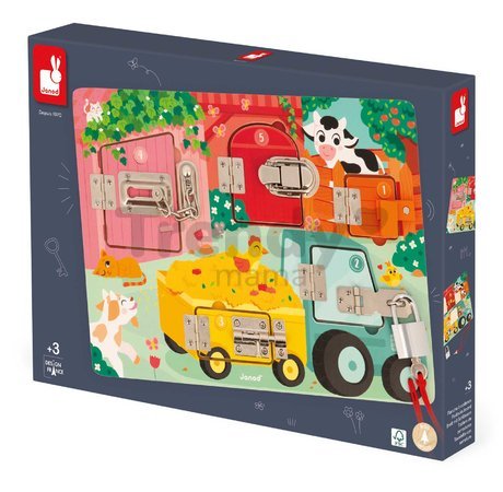 Drevená motorická doska The Farm Padlocks Board Janod 5 dverí so zámkami J07119