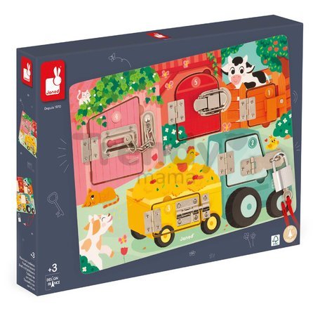 Drevená motorická doska The Farm Padlocks Board Janod 5 dverí so zámkami J07119