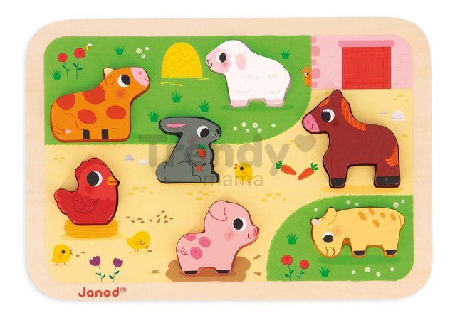 Drevené vkladacie puzzle pre najmenších Farma Chunky Puzzle Janod 7 dielov od 18 mes J07121