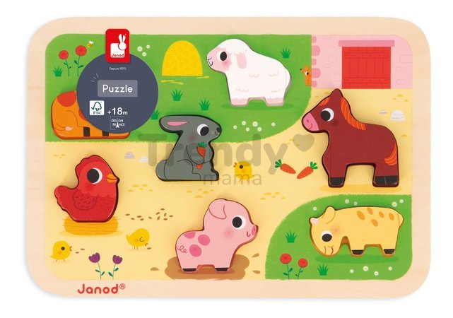 Drevené vkladacie puzzle pre najmenších Farma Chunky Puzzle Janod 7 dielov od 18 mes J07121