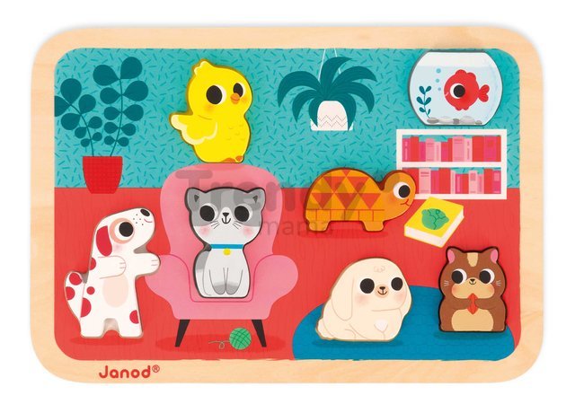 Drevené vkladacie puzzle pre najmenších Domáci miláčikovia Pets Chunky Puzzle Janod 7 dielov od 18 mes J07122