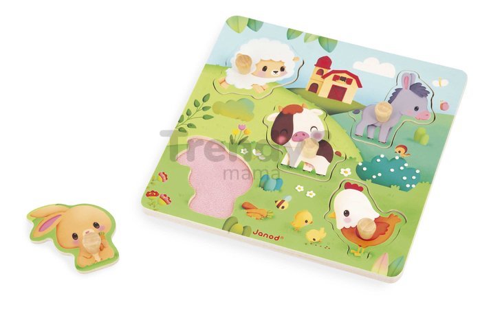 Drevené vkladacie puzzle s úchytom Zvieratká na farme Tactile Puzzle Janod 5 dielov od 18 mes J07129