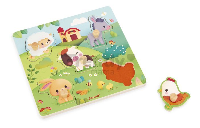Drevené vkladacie puzzle s úchytom Zvieratká na farme Tactile Puzzle Janod 5 dielov od 18 mes J07129