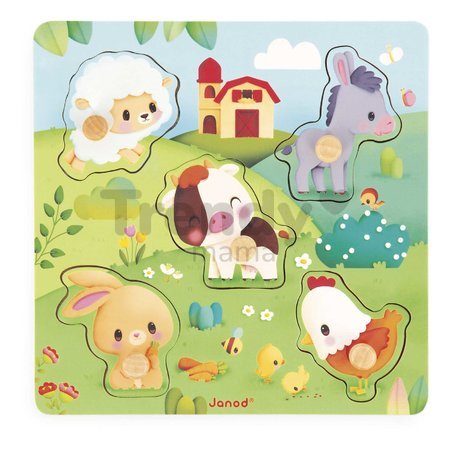 Drevené vkladacie puzzle s úchytom Zvieratká na farme Tactile Puzzle Janod 5 dielov od 18 mes J07129