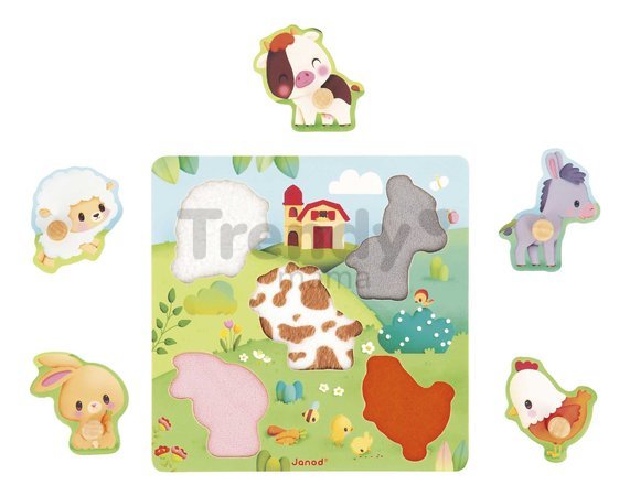 Drevené vkladacie puzzle s úchytom Zvieratká na farme Tactile Puzzle Janod 5 dielov od 18 mes J07129