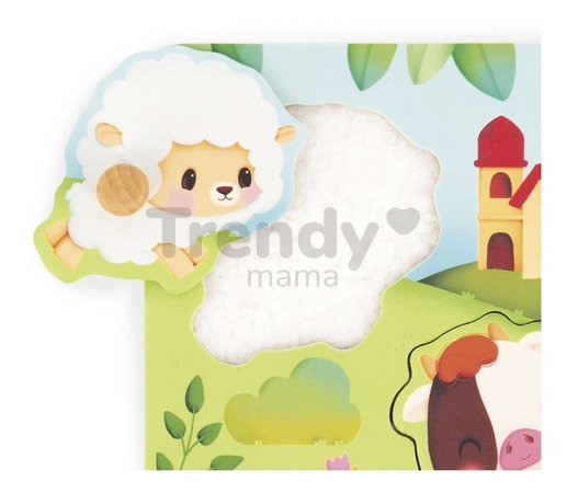 Drevené vkladacie puzzle s úchytom Zvieratká na farme Tactile Puzzle Janod 5 dielov od 18 mes J07129