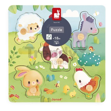 Drevené vkladacie puzzle s úchytom Zvieratká na farme Tactile Puzzle Janod 5 dielov od 18 mes J07129