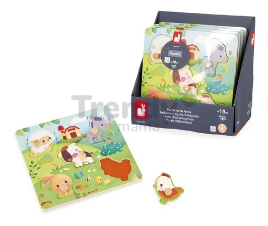 Drevené vkladacie puzzle s úchytom Zvieratká na farme Tactile Puzzle Janod 5 dielov od 18 mes J07129