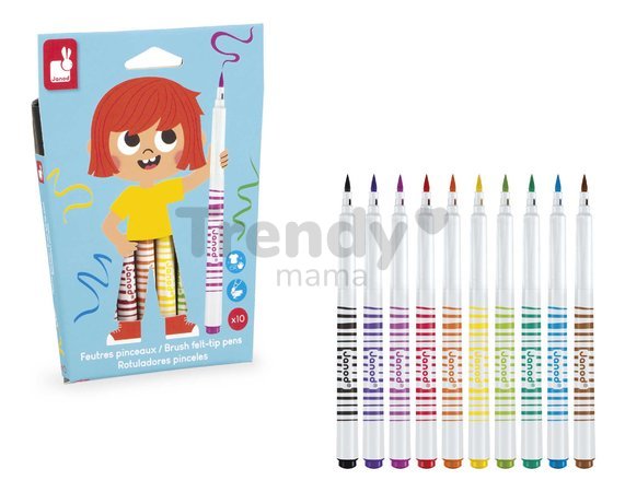 Fixky s mäkkým hrotom Brush Felt-tip Pens Janod 10 farieb J07411
