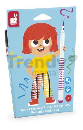 Fixky s mäkkým hrotom Brush Felt-tip Pens Janod 10 farieb J07411