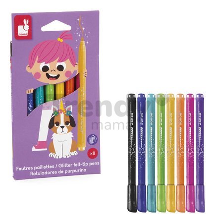 Fixky s trblietkami Glitter Felt-tip Pens Janod 8 farieb J07412