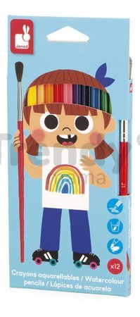 Akvarelové farebné ceruzky Watercolour Pencils Janod so štetcom 12 farieb J07415