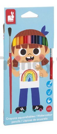 Akvarelové farebné ceruzky Watercolour Pencils Janod so štetcom 12 farieb J07415