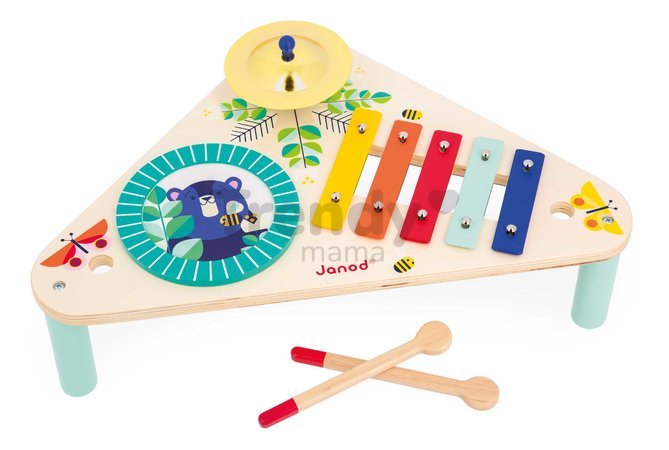 Drevený hudobný stolík Musical Table Gioia Janod xylofón bubon a činely od 12 mes J07655
