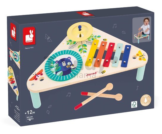 Drevený hudobný stolík Musical Table Gioia Janod xylofón bubon a činely od 12 mes J07655