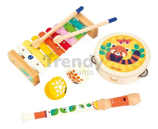 Sada drevené hudobné nástroje Musical Set Gioia Janod flauta tamburína xylofón a kastanety od 18 mes J07656