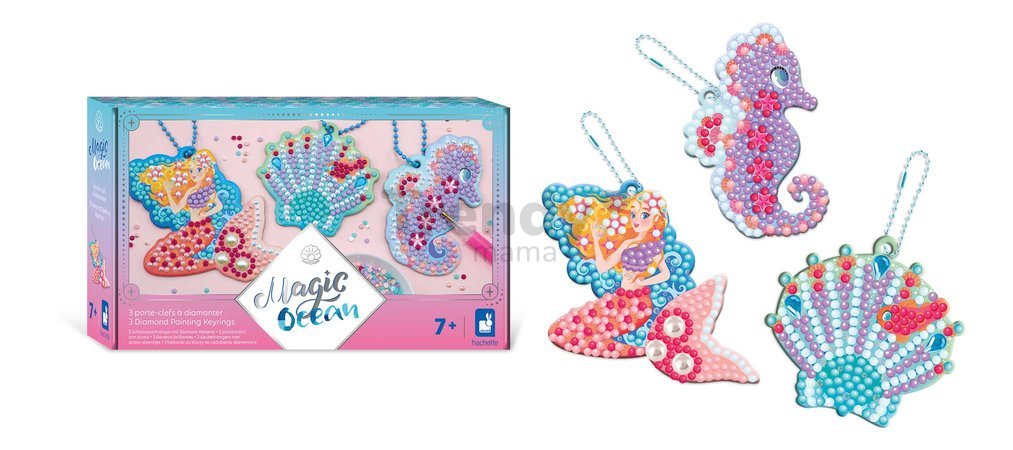 Midi kreatívna sada Magický oceán Magic Ocean Diamond Key Rings Atelier Janod trblietavé obrázky s kryštálikmi 700 mini kamienkov od 7 rokov J07793