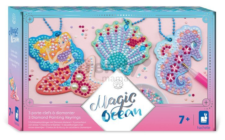 Midi kreatívna sada Magický oceán Magic Ocean Diamond Key Rings Atelier Janod trblietavé obrázky s kryštálikmi 700 mini kamienkov od 7 rokov J07793