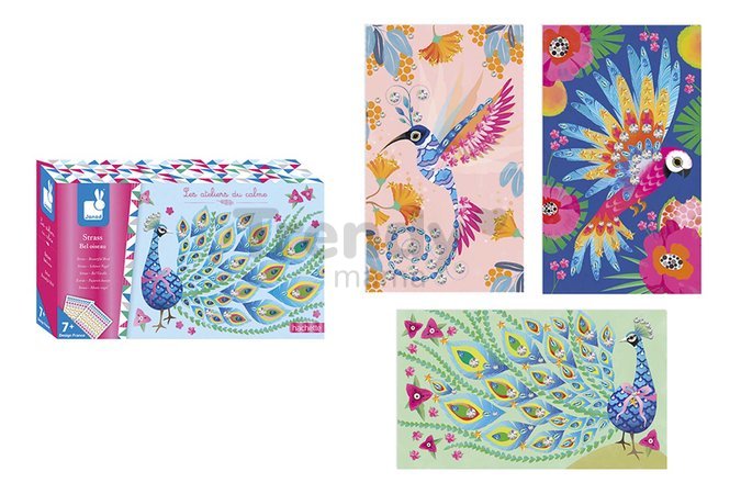Midi kreatívna sada trblietavé obrázky Vtáčik Strass Beautiful Bird Atelier Janod so štrasovými korálkami na vytvorenie 3 obrazov od 7 rokov J07810