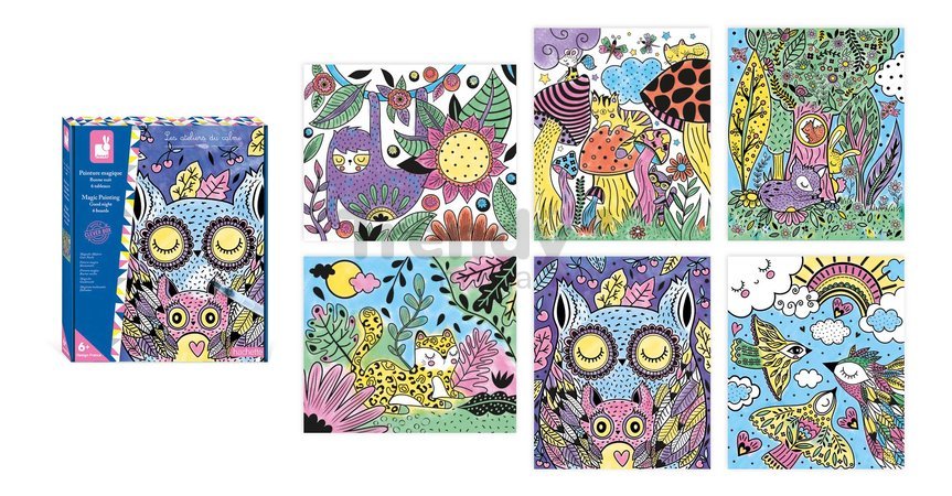 Maxi kreatívna sada Maľovanie Zvieratká v noci Magic Painting Good Night Atelier Janod 6 magických malieb od 6 rokov J07875