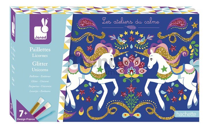 Midi kreatívna sada farebný piesok Jednorožec Glitter Unicorns Atelier Janod s trblietkami od 7 rokov J07883