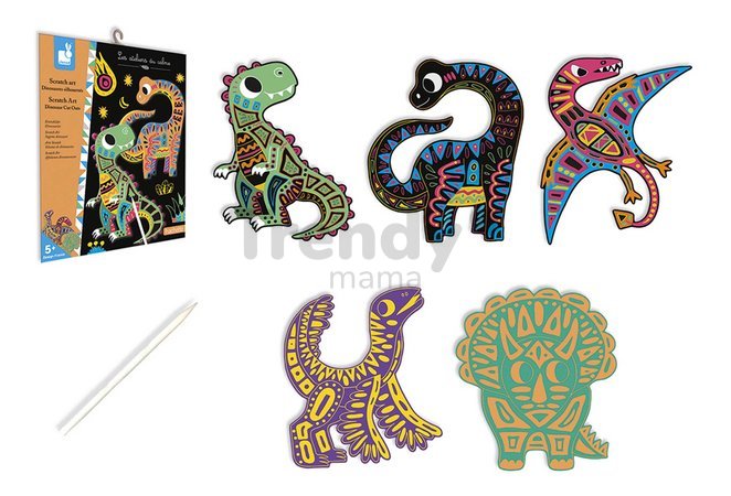Mini kreatívna sada Dinosaury Scratch Art Dinosaur Cut Outs Atelier Janod vyškrabovacie obrázky 5 kariet od 5 rokov J07889